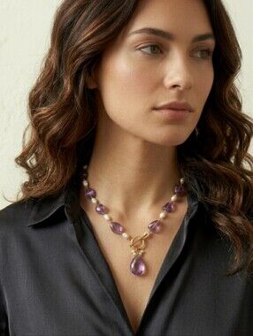 14K Gold Amethyst Pearl Drop Necklace